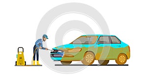 Cool vector flat illustration on dirty and clean car. Car wash stages process from dirty to clean. Dirt, foam covered