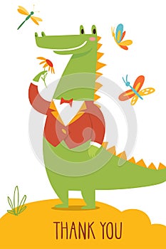 Cute vector thank you card with wild crocodile