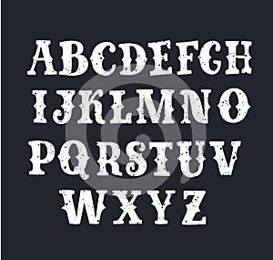 Cool vector set of western style label font in white color on black background. Retro decorative lettering alphabet