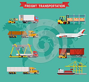 Cool vector volumetric set on worldwide shipping, heavy transport, delivery ways and logistics in business and industry