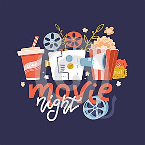 Cool vector web banner, design element on Movie Night event with lettering ,detailed retro motion picture film projector, admit