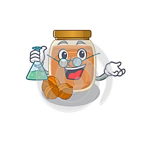 Cool walnut butter Professor cartoon character with glass tube