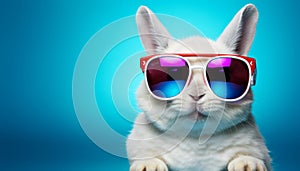 Cool white bunny in sunglasses on vibrant solid color backgroundStudio shot with copy space.