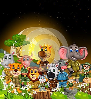 Cool Wildlife Animals In Grass Field With Moonlight And Night View Cartoon