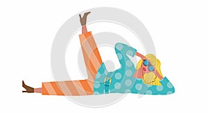 Cool woman lying down and look through binoculars. Isolated. Vector illustration.