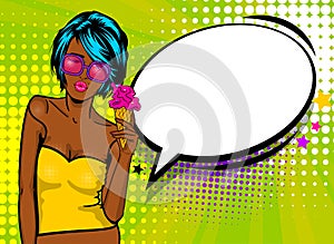 Cool woman pop art comic text speech baloon