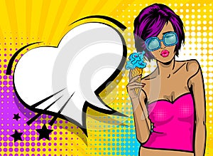 Cool woman pop art comic text speech heart box