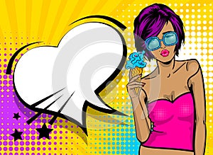 Cool woman pop art comic text speech heart box photo