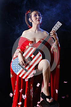 Cool woman wearing red kimono