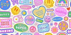 Cool Y2k Seamless Pattern. Stickers Collage Textute. Trendy Groovy Background. Pop Art Patches. Comic Funny Smile Badges