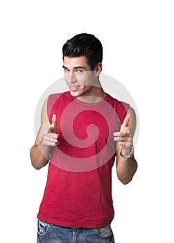 Cool Young Man Pointing Camera with Two Hands