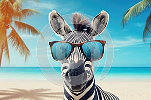 cool zebra with sunglasses on tropical beach AI generated