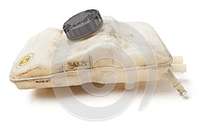 Coolant expansion tank white on an isolated background with blackdetails. A unit of a liquid cooling system for internal