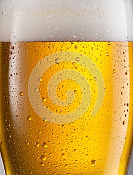 Cooled glass of beer close-up. Small water drops on cold surface of beer glass