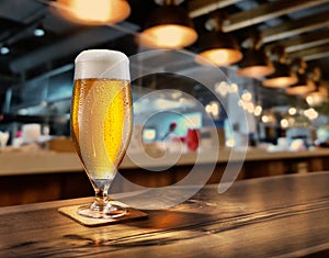 Cooled glass of beer with condensate on the wooden table. Blurred bar at the background