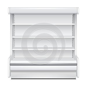 Cooled Regal Rack Refrigerator Wall Cabinet Blank Empty Showcase Displays. Retail Shelves. 3D Isolated. Mock Up.
