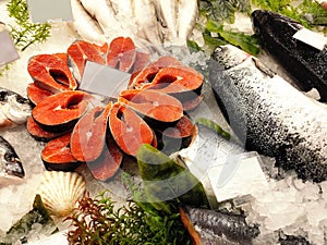 Cooled salmon red fish steak in the icebox - shop window