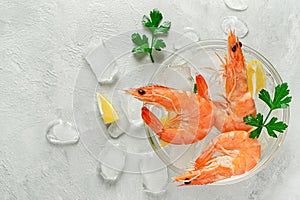 Cooled shrimps in a bowl with ice, lemon and parsley on grey background. Italian food, copy space