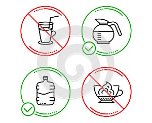 Cooler bottle, Cocktail and Coffeepot icons set. Espresso cream sign. Vector