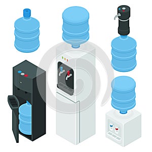 Cooler water icons set, isometric style