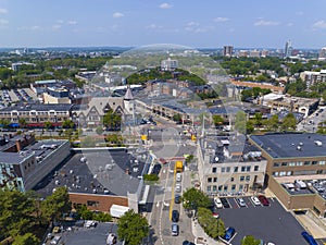 Coolidge Corner aerial view, Brookline, MA, USA