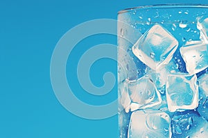 Cooling drink concept Ice cubes in a glass on blue