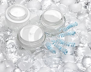 Cooling effect skin care creams surrounded by ice cubes