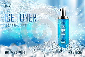 Cooling Ice toner with ice cubes. Realistic cool refreshing spray bottle packaging ad for poster. Skin care spray