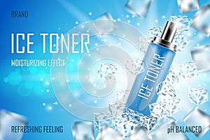 Cooling Ice toner with ice cubes. Realistic frozen refreshing spray bottle packaging ad. Skin care face toner product