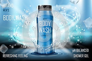 Cooling men s body wash gel with splashing water and ice cubes elements. Realistic body wash ad for poster. men s care