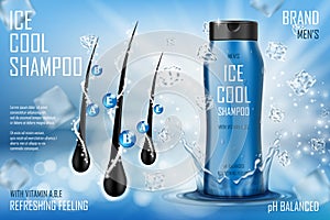 Cooling men s shampoo gel with splashing water and ice cubes . Realistic plastic hair shampoo packaging ad for poster photo