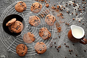 Cooling rack with delicious chocolate chip cookies with milk on grey textured background