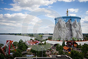 Cooling tower at former nuclear power plant that holds a giant swing ride inside