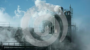 A cooling tower looms over the plant releasing plumes of steam as it helps regulate the temperature of the production