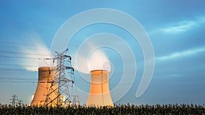 Cooling tower of power plant in nightfall