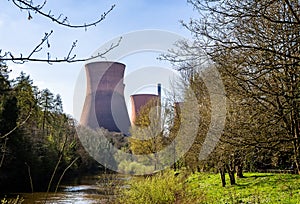 Cooling towers and chimney of the decommisioned power station in Ironbridge, Shropshire, UK