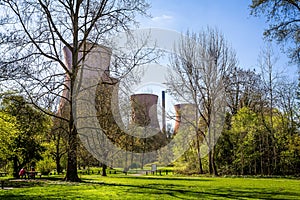 Cooling towers and chimney of the decommisioned power station in Ironbridge, Shropshire, UK