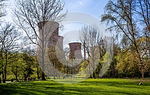 Cooling towers and chimney of the decommisioned power station in Ironbridge, Shropshire, UK