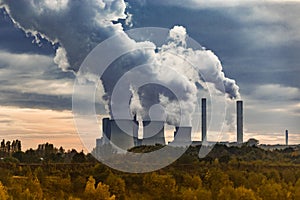 Cooling towers and chimneys of a brown coal power plant in Germany