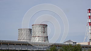 Cooling towers of CHP or thermoelectric power station. Concept of ecology, environmental protection.