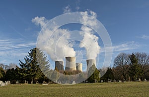 Cooling towers of nuclear power plant. High voltage power lines. Electricity distribution. Mochovce. Slovakia