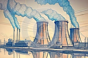 Cooling towers of a nuclear power plant. Sketch. Generative AI.