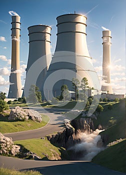 Cooling towers of nuclear power plants or lignite power plants landscape