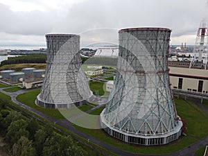 cooling towers thermal power plant aerial photo on a summer day