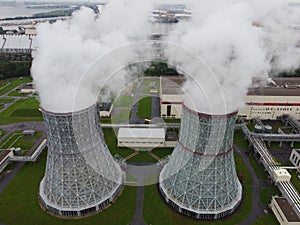 cooling towers thermal power plant aerial photo on a summer day