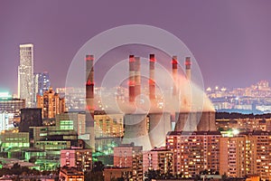 Cooling towers of the thermoelectric power station at night time