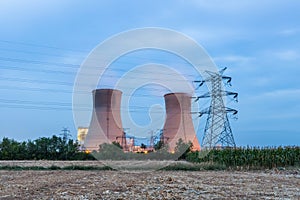 Cooling water tower in nightfall