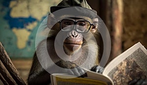 A coolly dressed monkey wearing a hat and glasses sits and reads a book. Generative AI photo