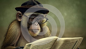 A coolly dressed monkey wearing a hat and glasses sits and reads a book. Generative AI photo