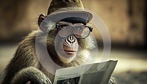 A coolly dressed monkey wearing a hat and glasses sits and reads a book. Generative AI photo